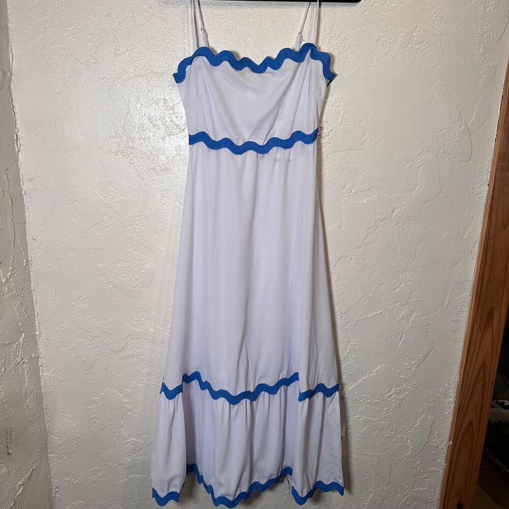 NWT Size Small Maxi Dress White Blue Rickrack Coastal Euro Summer Sundress